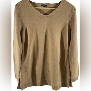 TALBOTS Sweater Sz Medium Linen Tunic Top V-Neck Long Sleeve Pullover Beige